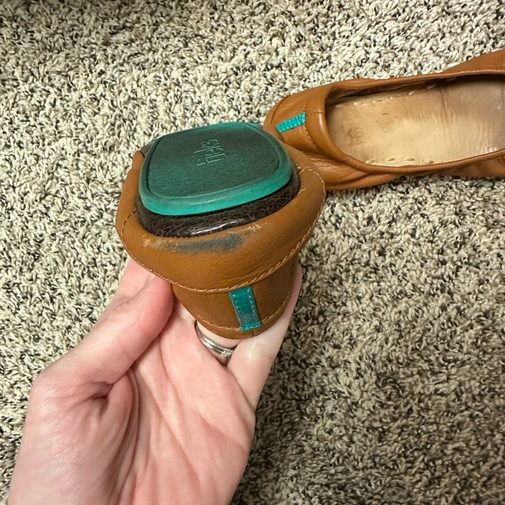 Tieks Tan Leather Ballet Flats with Teal Stripe - Picture 2 of 4